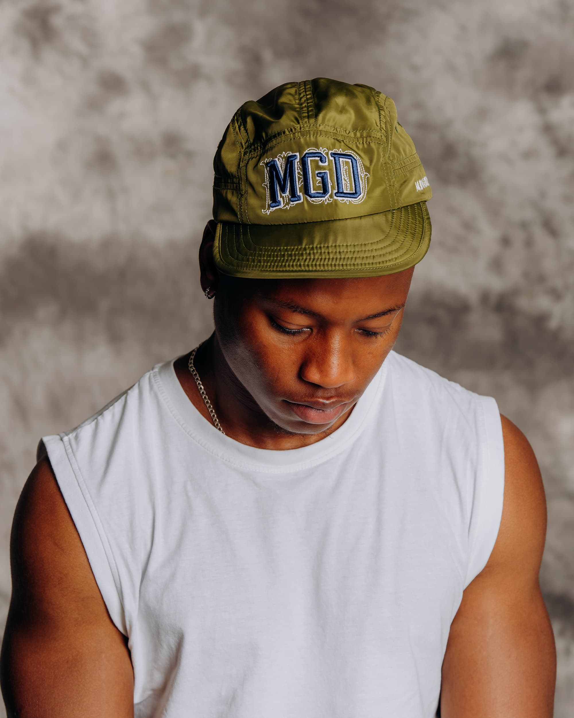 Arch Flexfoam Sixpanel Hat Olive detail shot on model