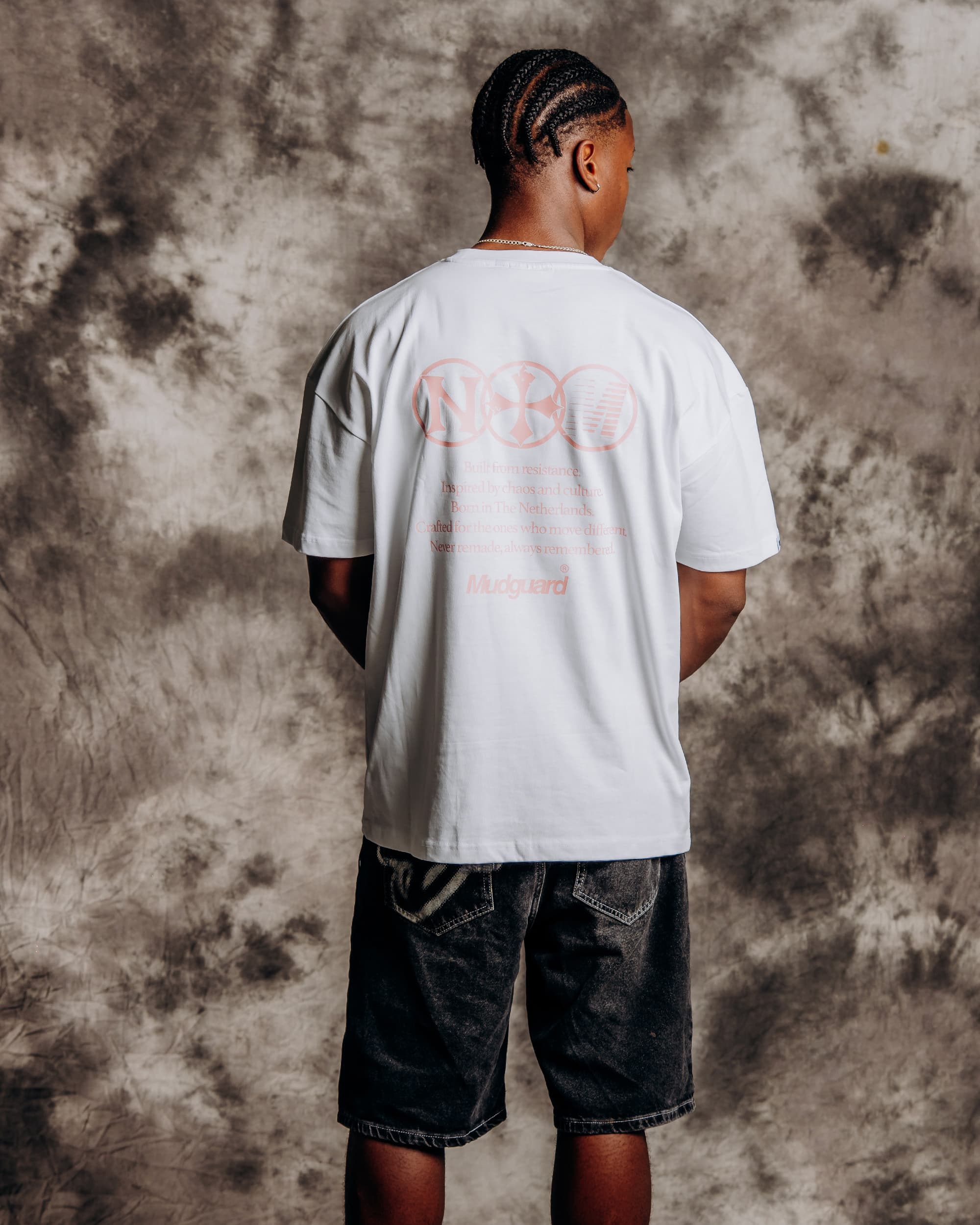 Oversized white t-shirt model back view