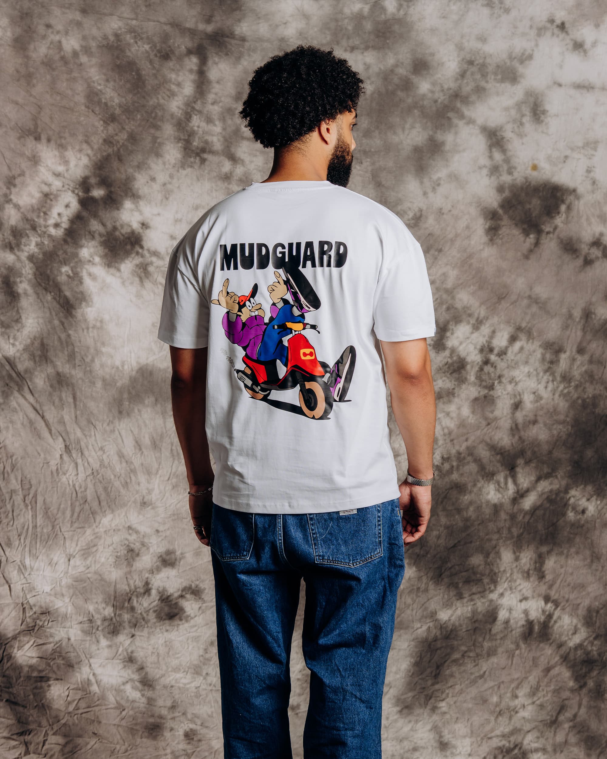 Oversized white unmarked t-shirt model back view