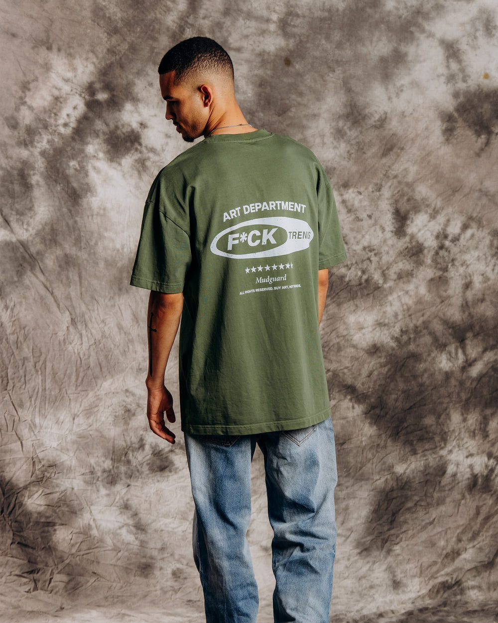Oversized green graphic t-shirt model back view